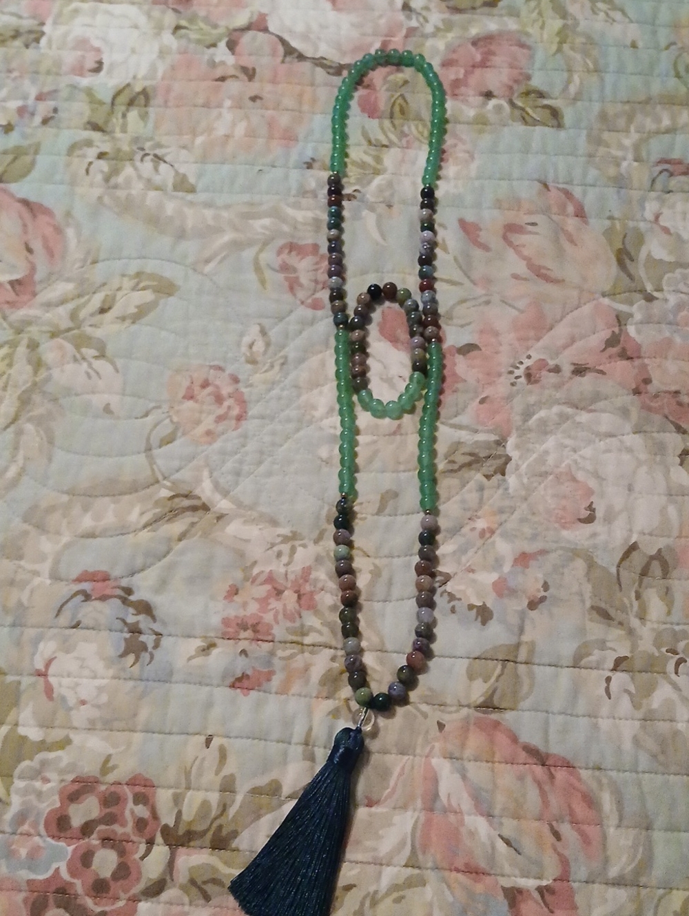 Green Beaded Tassel Necklace with Multicolor Accent Beads